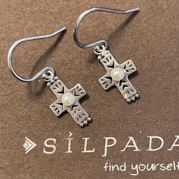 Silpada RARE Vintage Sterling Silver Pearl Dainty Cross Earrings - Picture 13 of 15